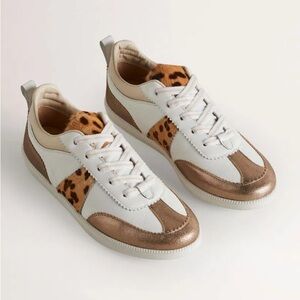 BODEN Retro Tennis Trainer Leather White Gold Leopard Print Women’s Sz 39
